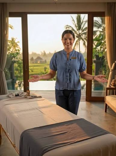 Massage therapist beside a treatment table in a villa