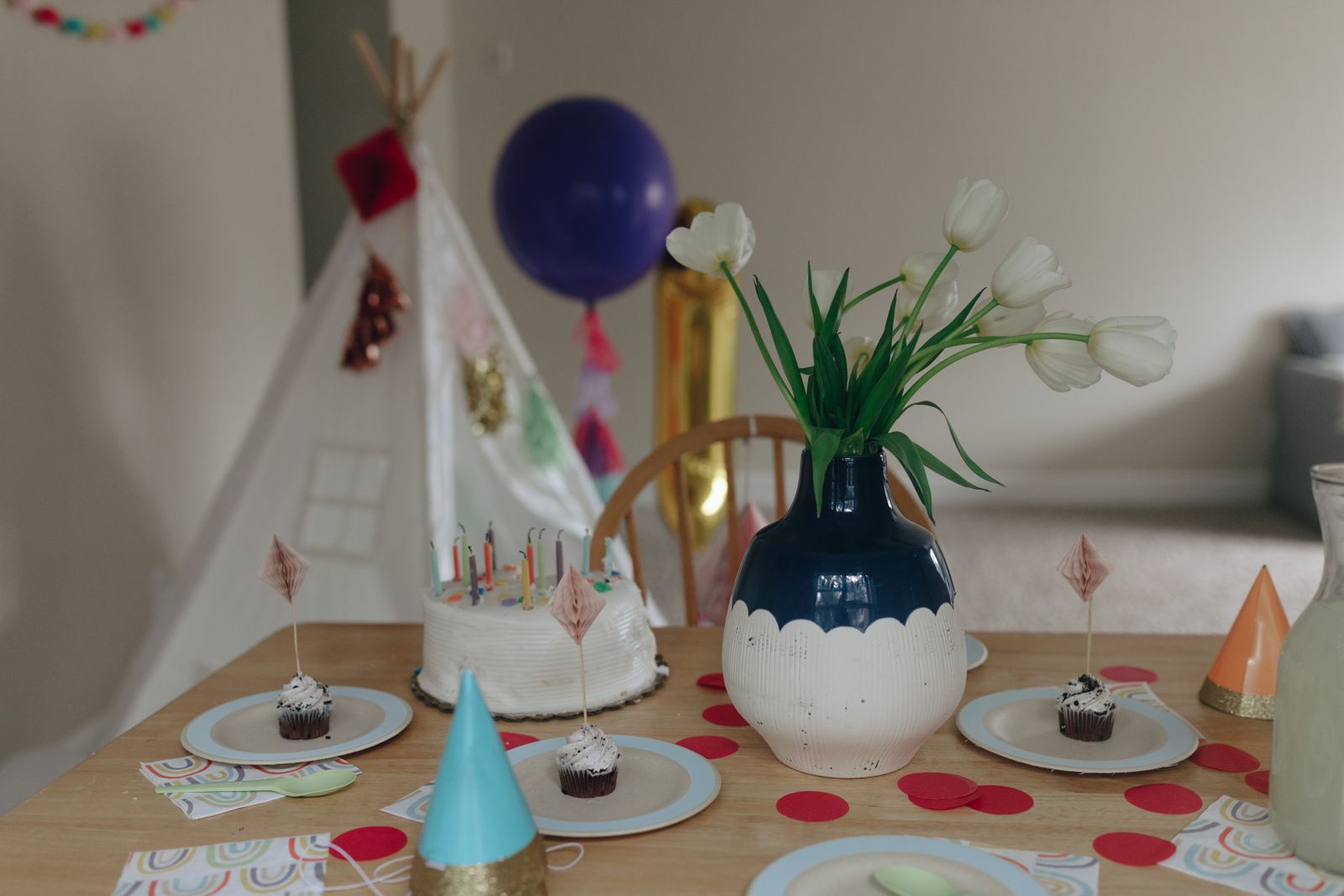 Birthday cake and decorations prepared for a celebration
