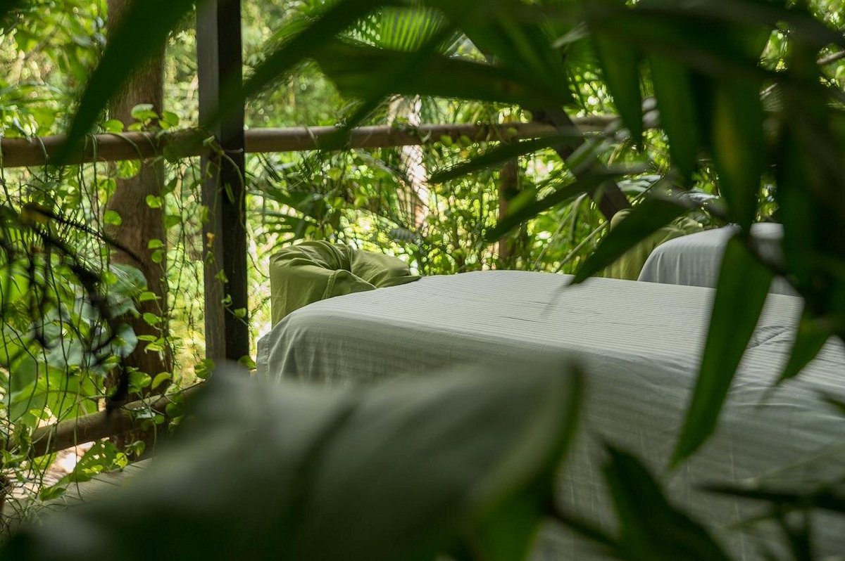 Outdoor massage table surrounded by tropical greenery