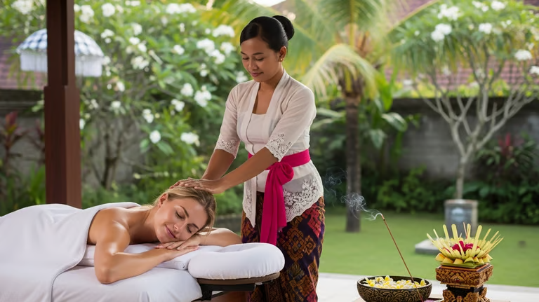 Massage therapist treating a guest in a tropical garden