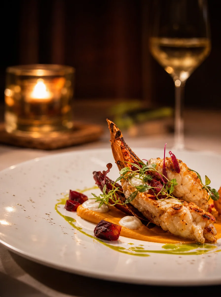 Fine-dining seafood plate by candlelight