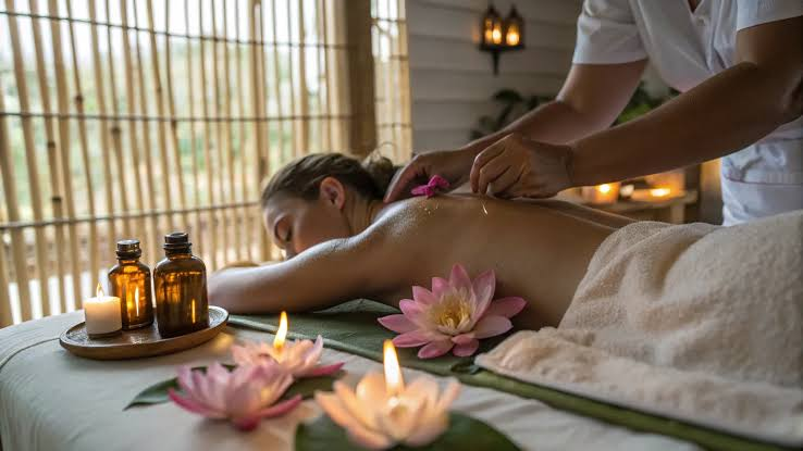 Relaxing massage with flowers and candlelight