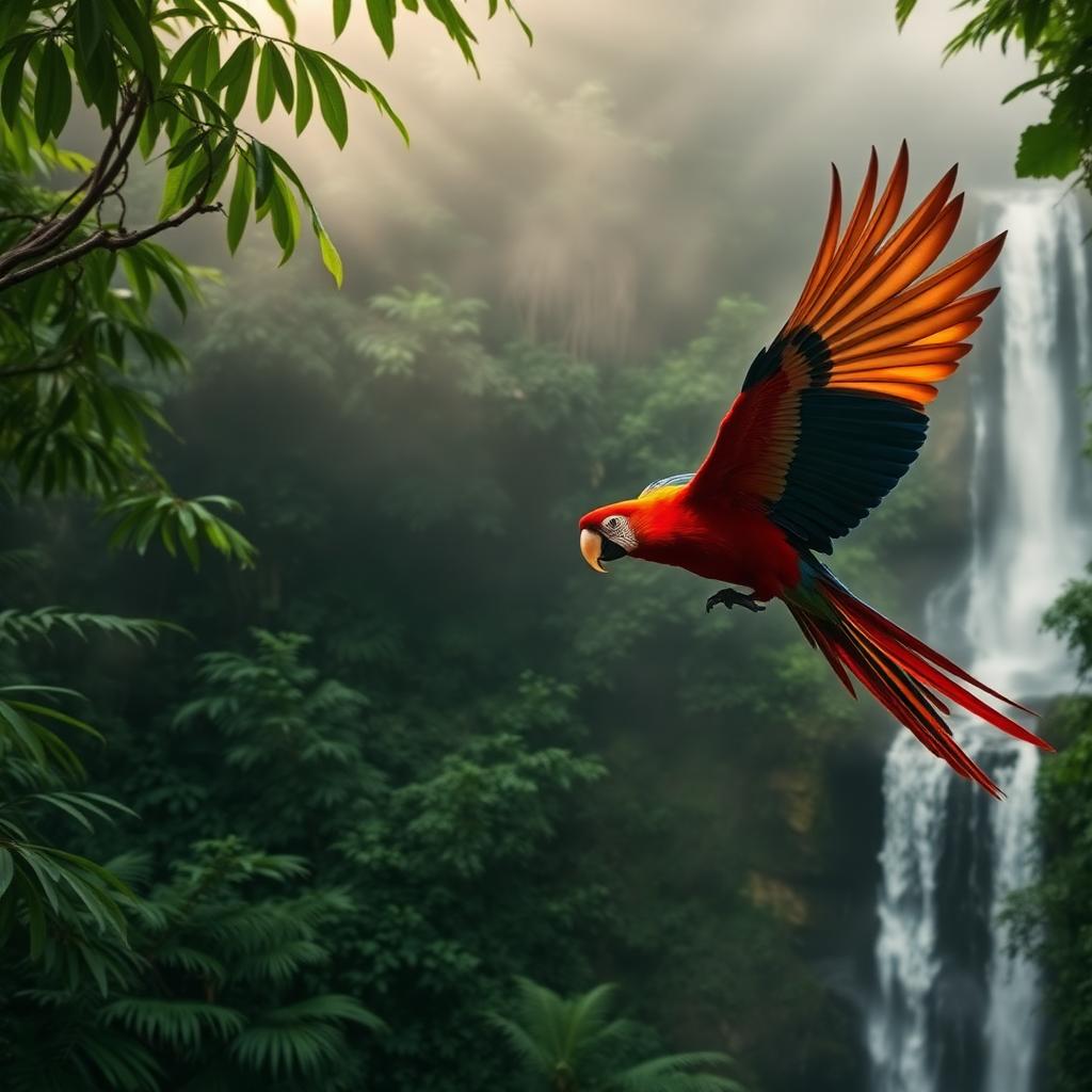 A scarlet macaw in flight over Costa Rican rainforest with a waterfall in the misty background