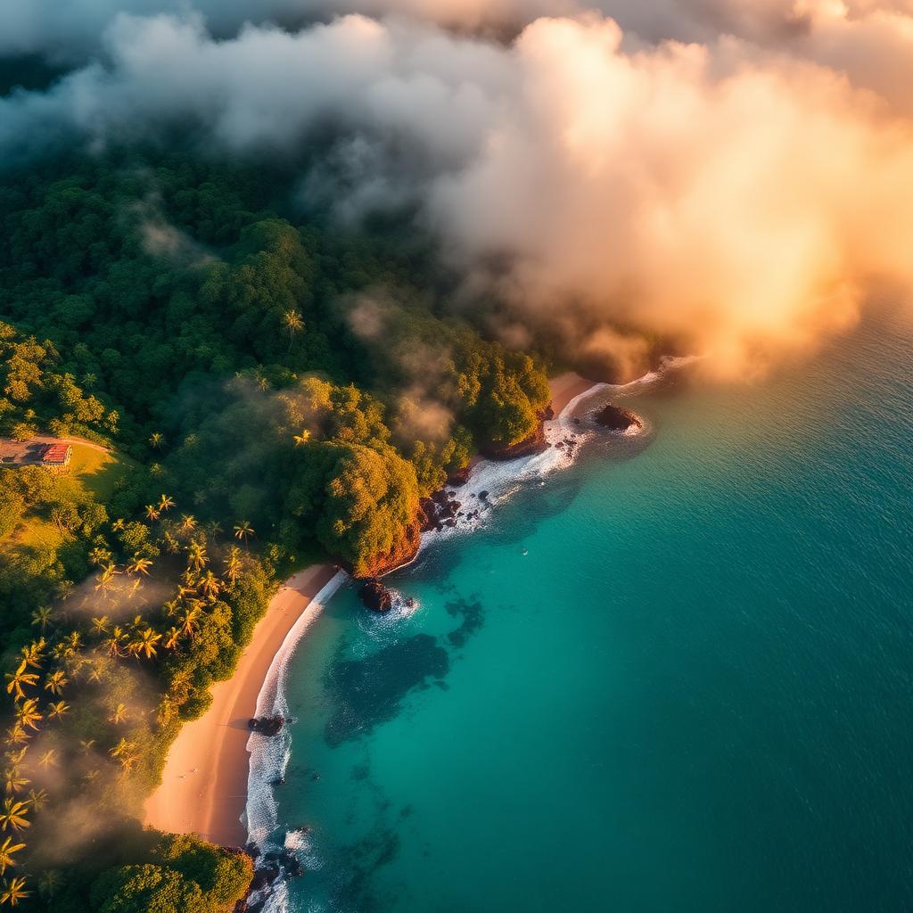 Aerial view of Costa Rica's jungle coastline meeting the turquoise Pacific Ocean at golden hour