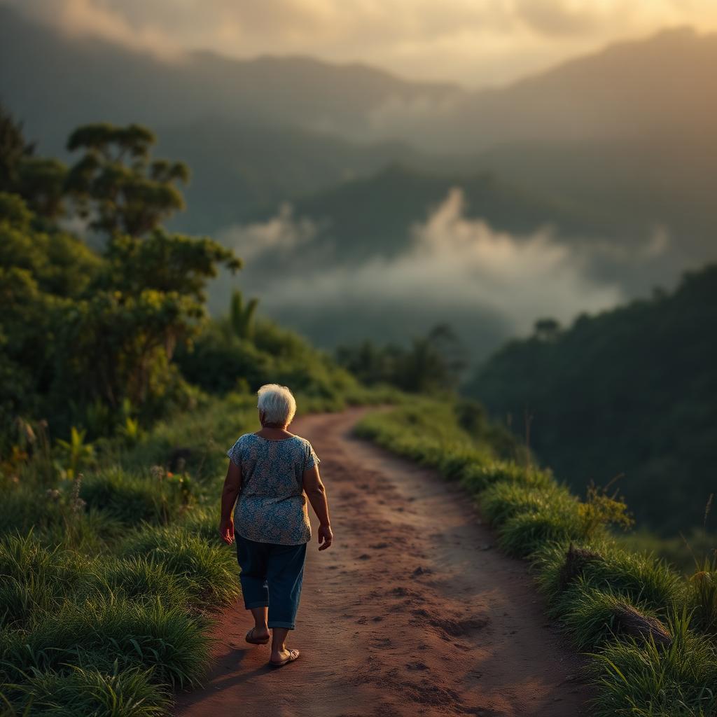 An elderly Costa Rican woman walking a dirt path through the green hills of the Nicoya Peninsula at sunrise