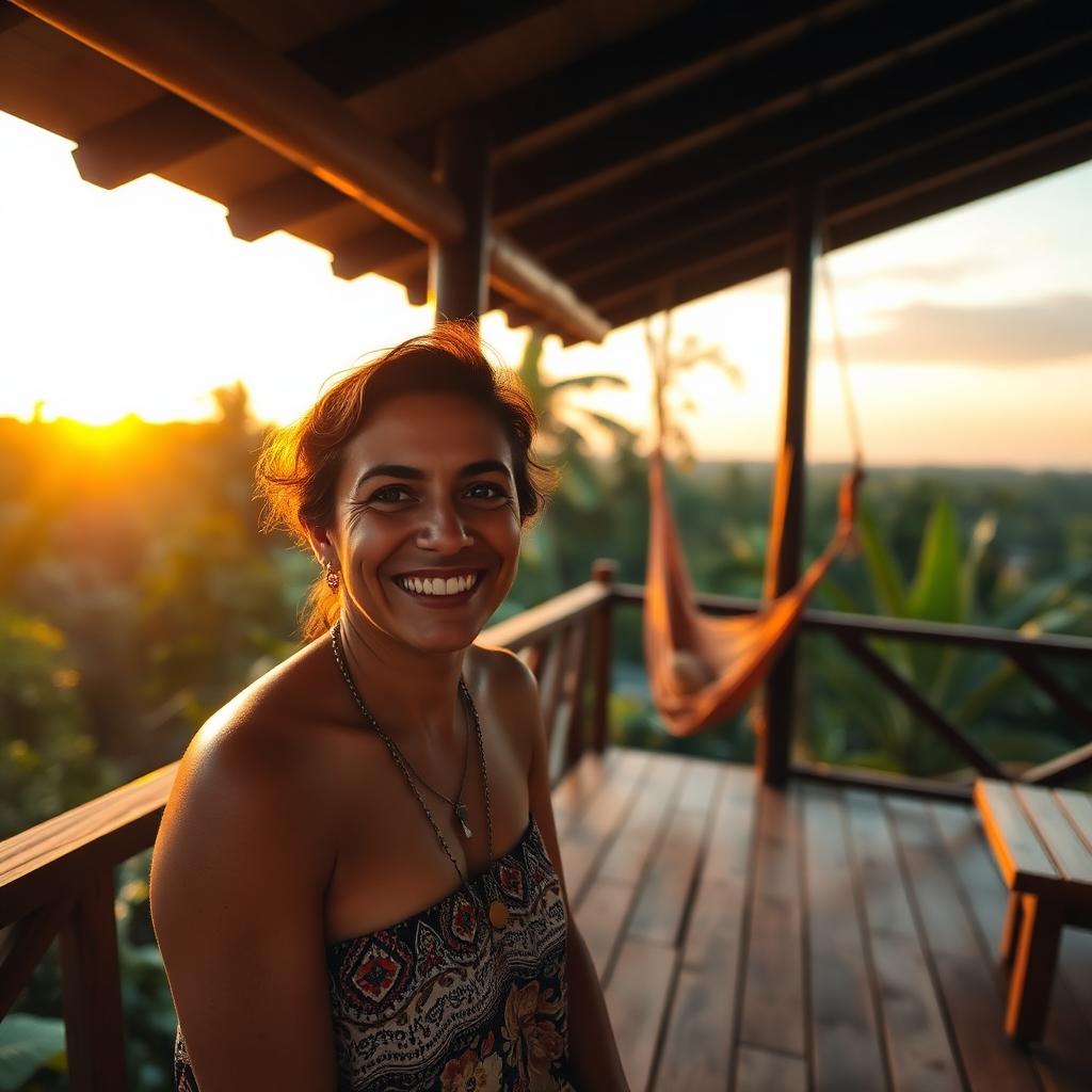 Costa Rican local smiling on a wooden porch overlooking the jungle at golden hour, embodying the pura vida lifestyle