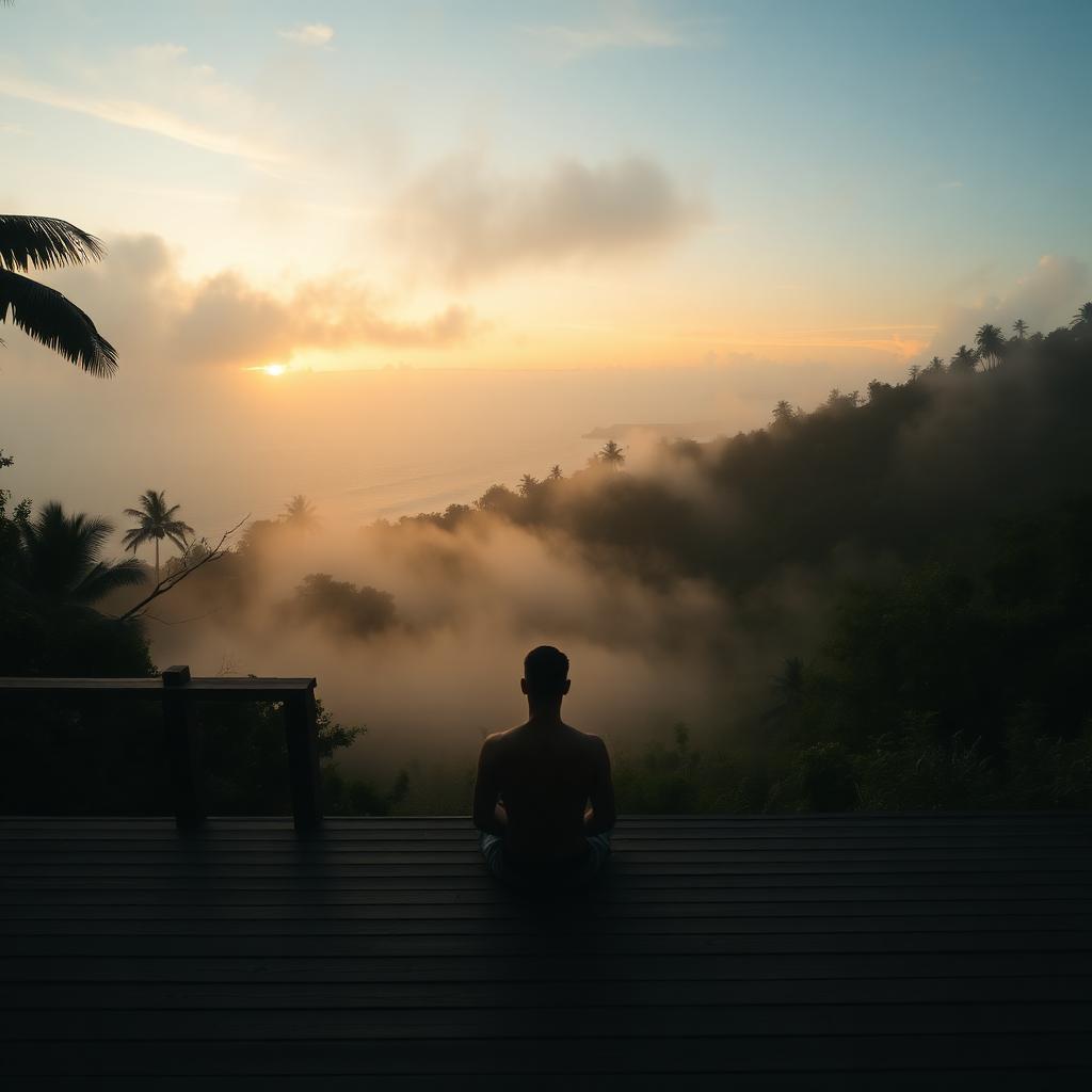 Silhouette of a person sitting at dawn on a wooden deck overlooking misty Costa Rican jungle and ocean